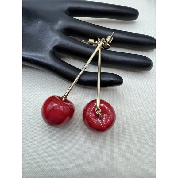 ZARA Red Cherry Dangle Earrings Playful Fruit Design Fashion Jewelry - Picture 1 of 6
